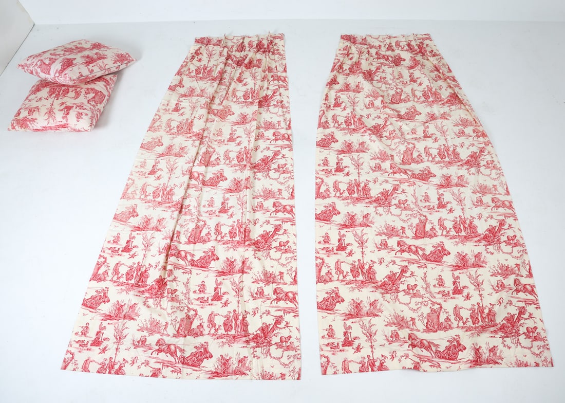 TOILE DE JOUY CURTAIN AND PILLOW GROUP: Dimensions:(panel) L 100" x W 50" (pillow) H 24" x W 24" x D 6" Condition: Pillows with some soiling. Light sun fading to fabric consistent with age and use.