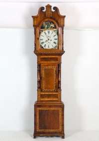 1810 Mahogany-cased Tall Clock; 94-1/4" tall; 23-1/2" wide at top; 10"deep. The clock has satinwood