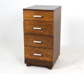 Mahogany chest of drawers with brushed steel drawer pulls. American, circa 1950s. Dimensions: H