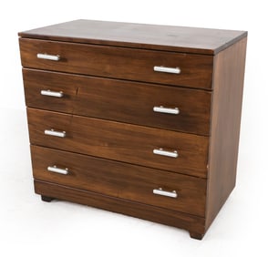 Mahogany chest of drawers with brushed steel drawer pulls. American, circa 1950s. Dimensions: H 32"