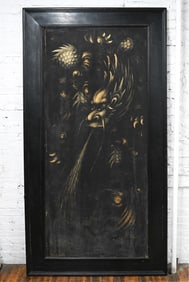 Appears to be a salvaged door. Depiction of a dragon in gold dust pigment on wood panel, with