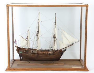 CONTEMPORARY H.M.S. BOUNTY MODEL SHIP IN CASE