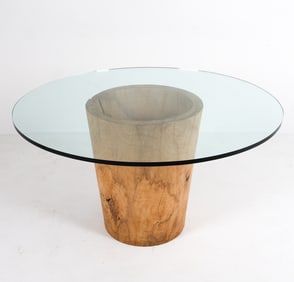 Partially hollow base with thick glass top. Dimensions: H 30" x Dia 54" Condition: Moderate scratch
