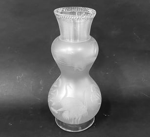 Signed 'AW' and '1384' to underside. Frosted imagery of cranes on exterior. Dimensions: H 14" x Dia