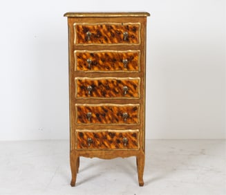 Hand painted with gilt edges. Curled legs. Brass hardware. Dimensions; H 37.5" x W17.5"x D 10.25"