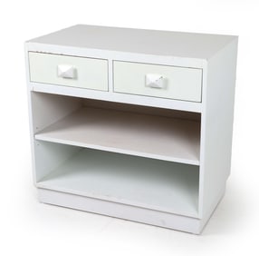 Dimensions: H 28" x W 30.5" x D 18.5". Condition: Rubbing to painted finish on shelves and edges.