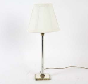 Dimensions: H (with shade) 20.5" x Dia 8". Condition: Moderate tarnishing to base. Slight blemishes