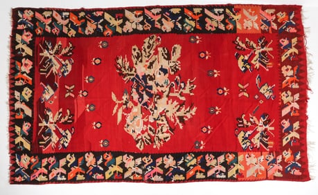 Dimensions: W 141" x W 86". Condition: Minor losses to fringe and pile, some sun fading. Wear