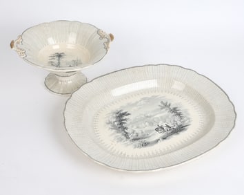 ANTIQUE VIGNETTE STONEWARE PLATTER & COMPOTE