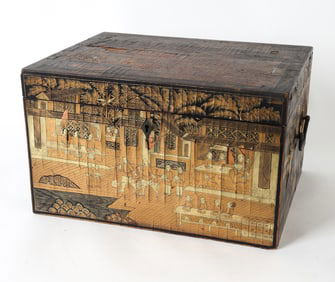 Dimensions: H 8.5" x W 14" x D 11" Condition: For restoration, Lacquer has evident cracks. Losses to