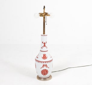 White with red painted designs. Brass center post. Dimensions: H 32.25" x Dia 8" Condition: Surface