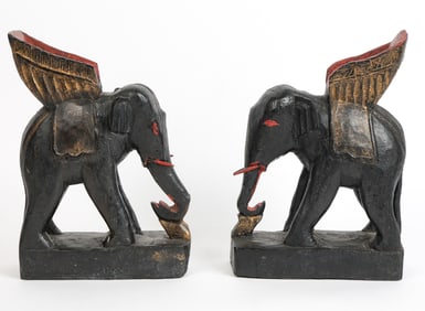 PAIR OF CARVED & PAINTED WOODEN ELEPHANTS