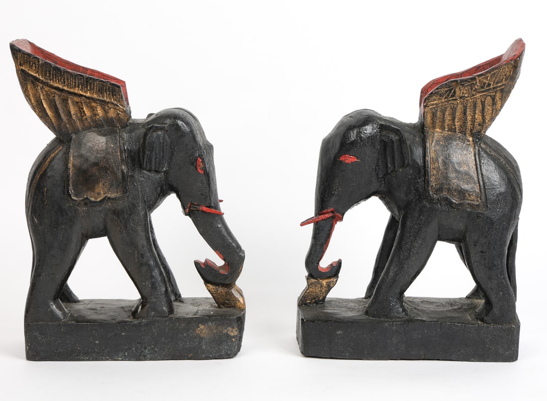 PAIR OF CARVED & PAINTED WOODEN ELEPHANTS: Dimensions: H 13.5" x W 9.5" x D 4".Condition: Few rubs to finish, wear consistent with age and display.