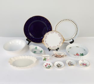 With French porcelain trinket dishes, platter, Royal crown Derby trinket dish. Minton English bone