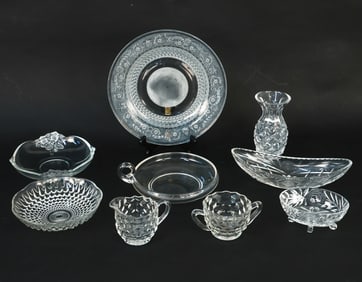 With American Fostoria pitcher and cup. Waterford cut crystal vase. Glass dishes, bowls and more.