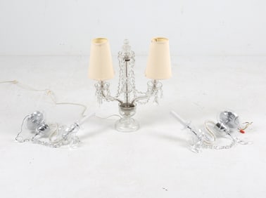 Table lamp and pair of matching sconces. Dimensions: (Lamp) H 18.5" x W 15" x D 6" Condition: Glass