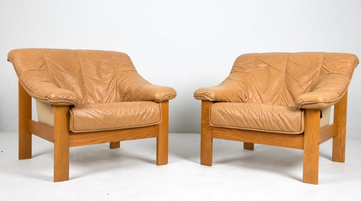 PAIR OF BRUNSTAD "CASA" LEATHER & PINE ARMCHAIRS