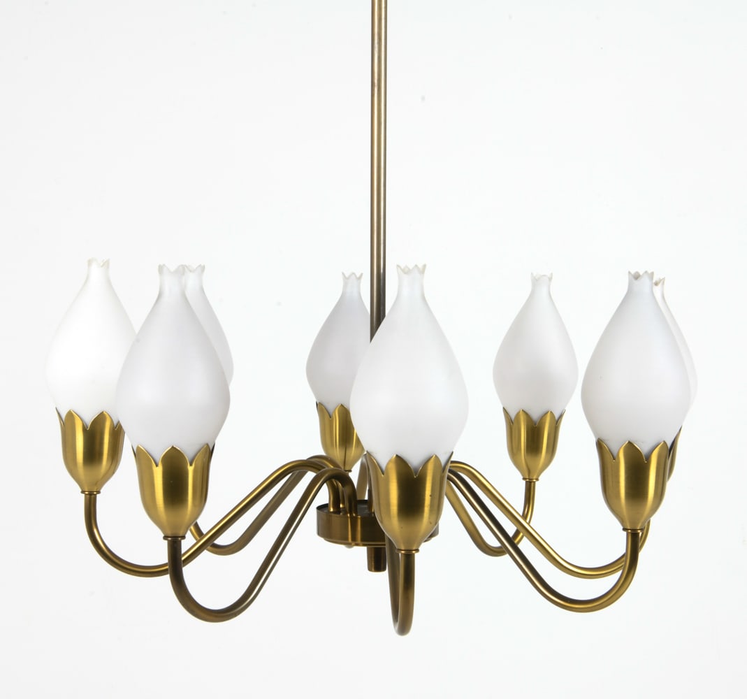 FOG & MORUP BRASS & GLASS TULIP CHANDELIER C.1960S (1 of 12)