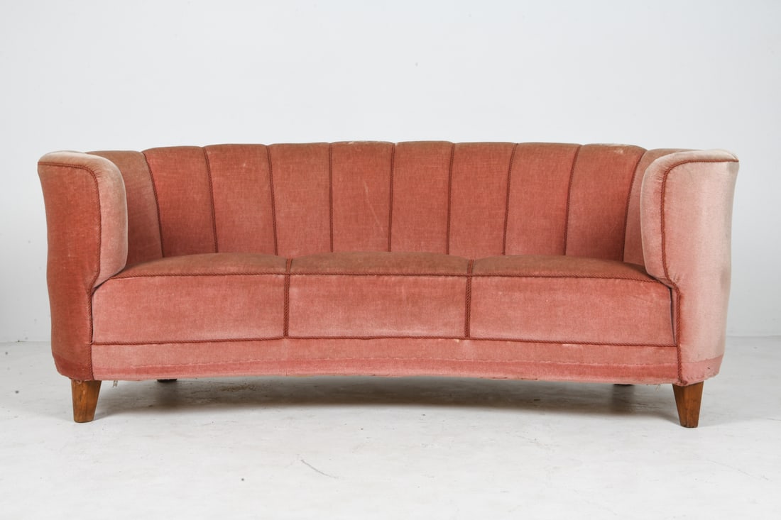 DANISH PINK MOHAIR BANANA SOFA C. 1950S (1 of 15)