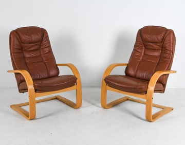 PAIR ALVAR AALTO STYLE BEECH & LEATHER EASY CHAIRS