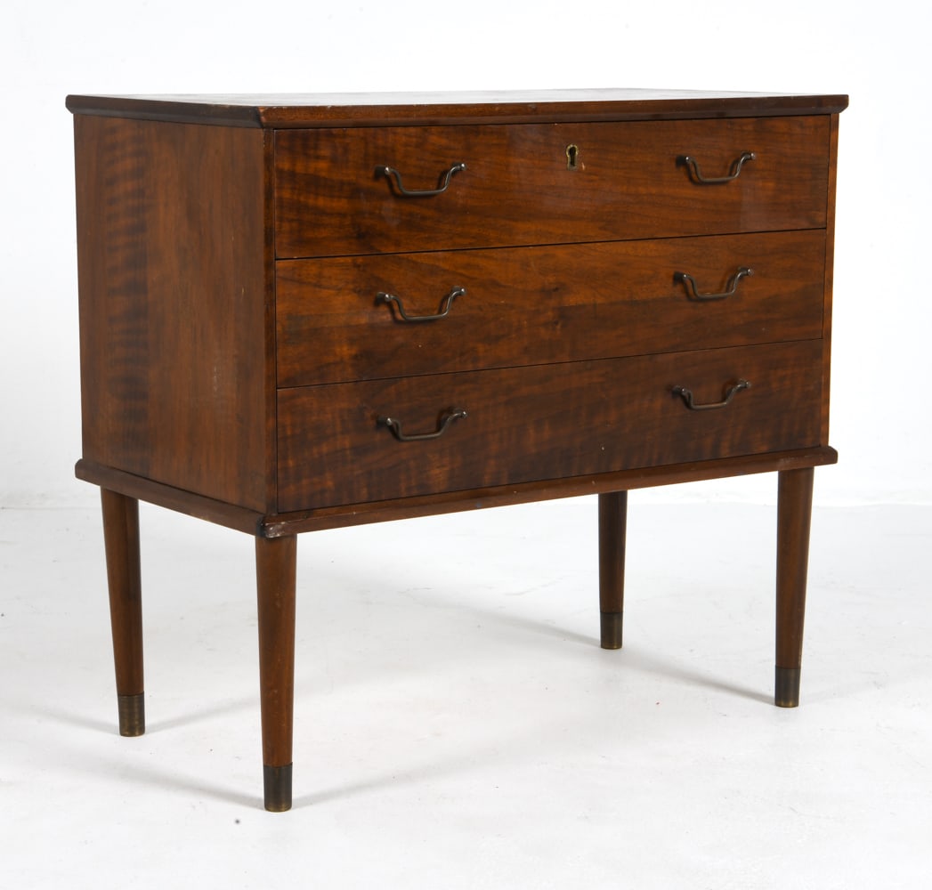 VINDE DANISH ROSEWOOD CHEST OF DRAWERS C. 1960S: Stamped Vinde Mobelfabrick logo to the back top corner. Denmark, circa 1960s. Dimensions: H 24" x W 25.75" x D 13.75". Condition: Scuffs and rubs, some loss to finish on top. Wear consistent with age 