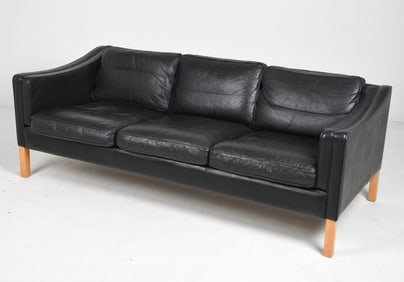 STOUBY DANISH BLACK LEATHER 3-SEATER SOFA C. 1970S