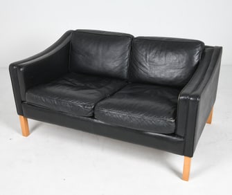 STOUBY DANISH BLACK LEATHER LOVESEAT SOFA C. 1970S