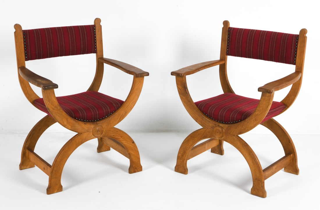 PAIR OF HENNING KJAERNULF "KURUL" OAK CHAIRS 1970S: Oak frame with wool upholstery. Brass tacks. Denmark, circa 1970s. Dimensions: H 35" x W 26.5" x D 20.25" x SH 18". Condition: Minor scuffs and spots of discoloration to wood. Wear consistent with age