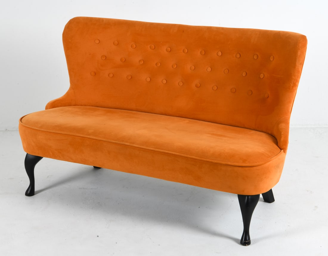 SCANDINAVIAN ORANGE VELOUR SOFA C. 1980S: Tufted orange velour upholstery with beech legs. Scandinavian, circa 1980s. Dimensions: H 34" x W 54" x D 20" x SH 16.5". Condition: Scuffs and scratches to legs. Wear consistent with age and use. Cle