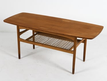 STYLE OF BORGE MOGENSEN TEAK & RATTAN COFFEE TABLE