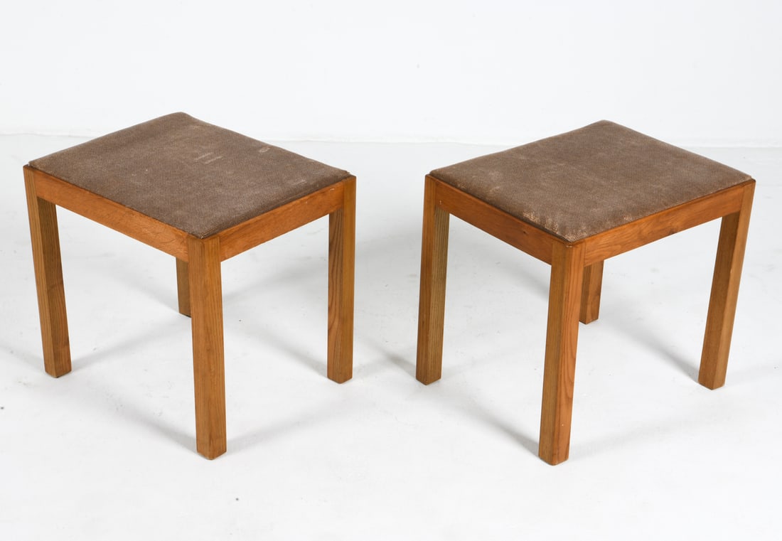 PAIR OF DANISH TEAK & VELOUR BENCHES: Teak frame with velour upholstery. Denmark, circa 1960s. Dimensions: H 17.5" x W 18.5" x D 15.25". Condition: Minor scuffs to wood. Slight fading to fabric. Wear consistent with age and use. CLEVG130