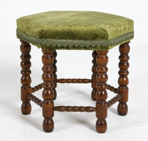 SCANDINAVIAN WALNUT & VELOUR OTTOMAN STOOL C.1940S