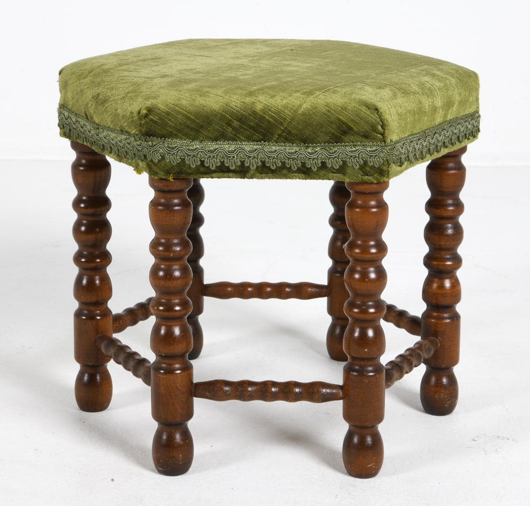 SCANDINAVIAN WALNUT & VELOUR OTTOMAN STOOL C.1940S (1 of 9)