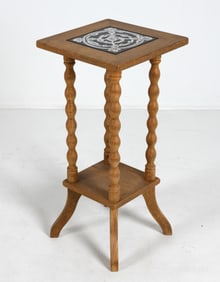 DANISH OAK & TILE PLANT STAND PEDESTAL C. 1970S