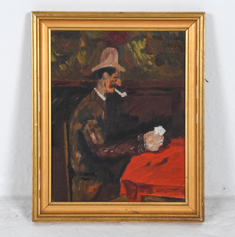 MID-CENTURY PORTRAIT O/C 1953: Portrait of a man. Signed, dated, and titled on back of canvas. Oil on canvas. Dimensions: Frame H 13.5" x W 10.75". Canvas H 11.5" x W 9". Condition: Scuffs and few chips to frame. Wear consistent wi