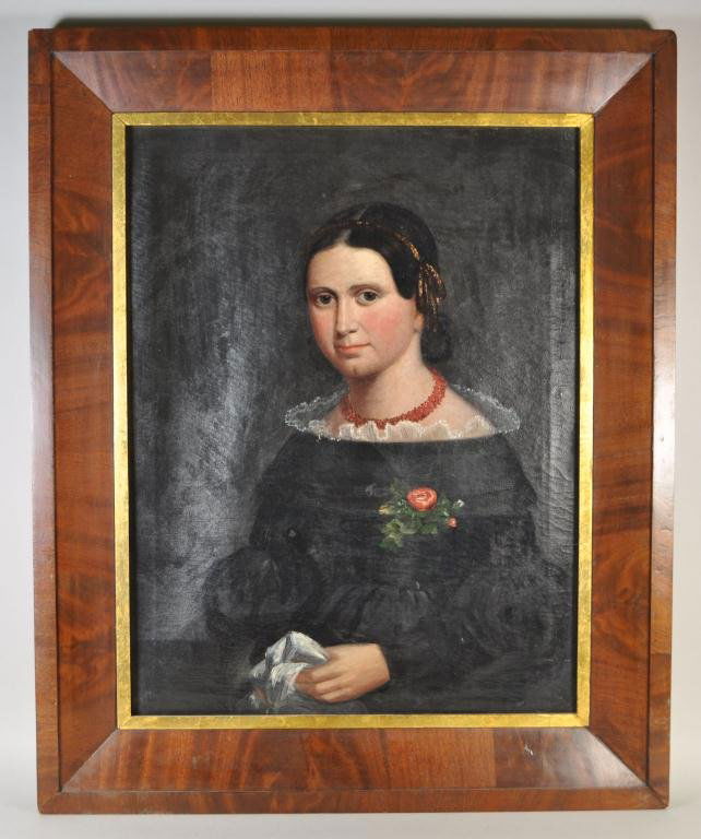 EARLY 19TH C. OIL ON CANVAS PORTRAIT: C.1840's 50's Young girl holding a handkerchief with flowers on her. Dimensions:H 26 1/4" in x W 20" in Framed H 33" x W 27" Condition: