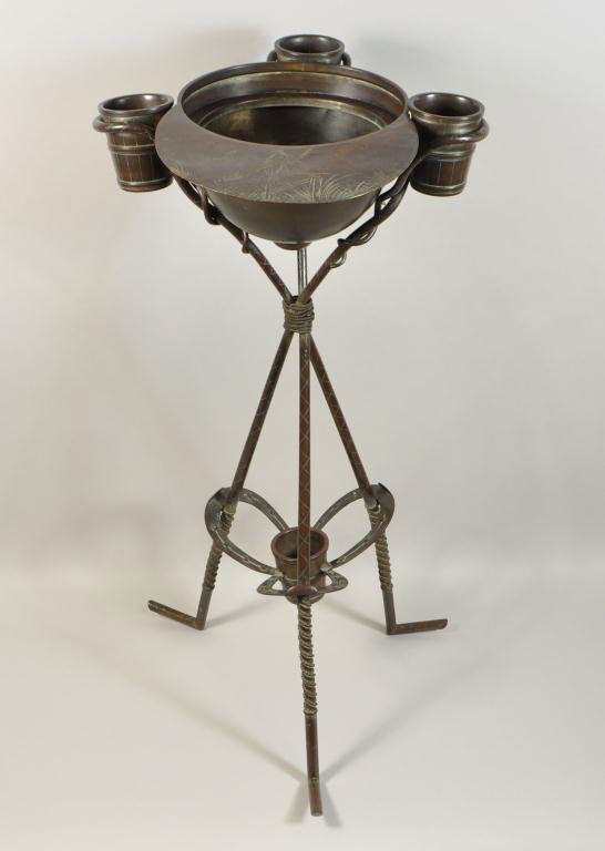 C.1900 BRONZE EQUESTRIAN JOCKEY SMOKING STAND: Art & Crafts bronze equestrian jockey smoking stand C.1900 missing middle insert Bowl measures: 9" dia. x 6.5" deep Overall Dimensions: H 32.5" in x Dia.16.5"in