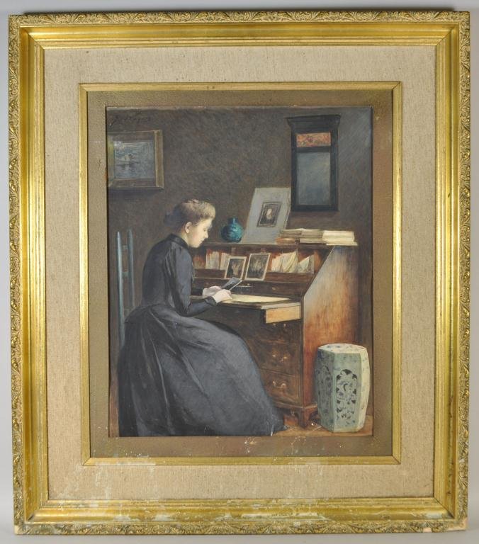 JACOB DUTWEILER WAGNER (GERMAN/AMERICAN 1852/55 -: Untitled, (Women sitting at a desk), c.1898/99 Upper left-hand, J. Wagner Gouache and watercolor on heavy board Dimensions: H 24” x W 20 ¼”, frame H 33" x W 29" Condition: as is, scratches, scuff