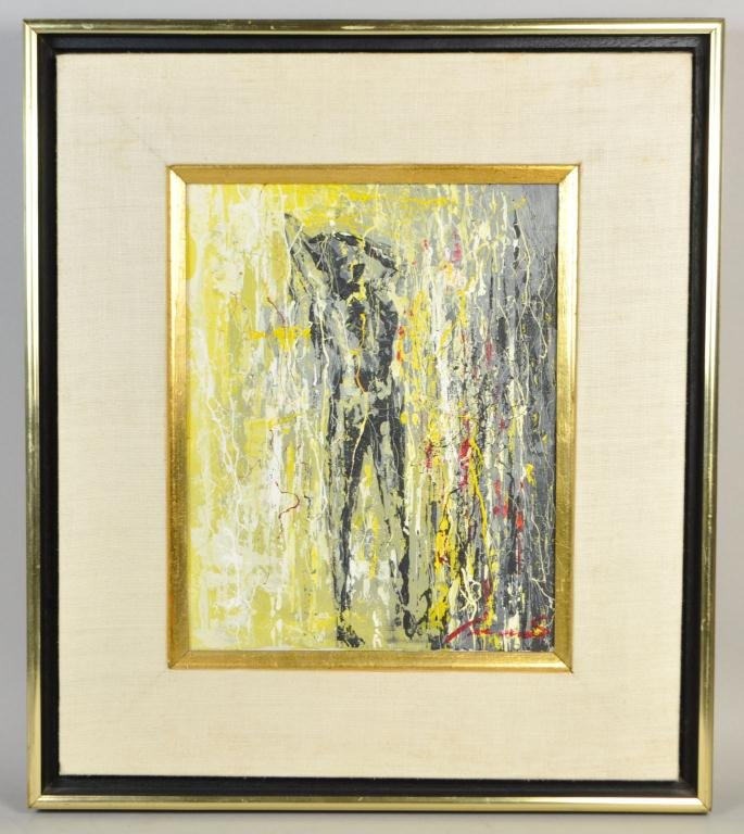 JOSE MANOS ABSTRACT O/C "HIDDEN VIEW": Dimensions: H 10" x W 8", framed H10" x W 14" Condition: very good