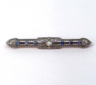 ART DECO DIAMOND, SAPPHIRE & 14K GOLD BROOCH