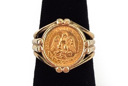 14K GOLD 1945 MEXICAN DOS PESOS COIN RING