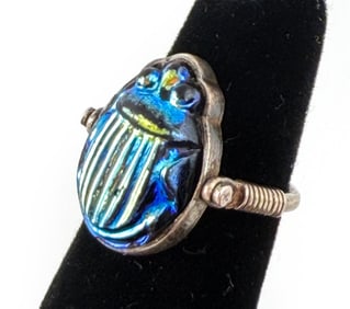TIFFANY FAVRILE GLASS SCARAB STERLING SILVER RING