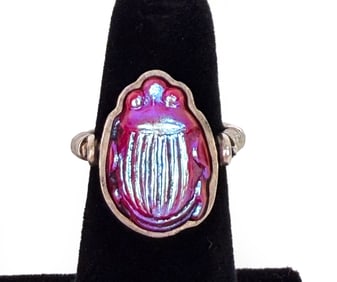 TIFFANY FAVRILE GLASS SCARAB STERLING SILVER RING
