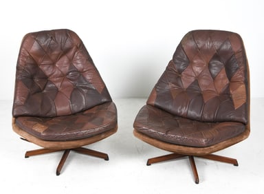 PAIR MADSEN & SCHUBELL LEATHER SWIVEL CHAIRS