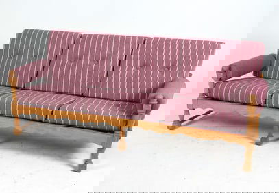 DANISH OAK & WOOL THREE SEATER SOFA C. 1970S