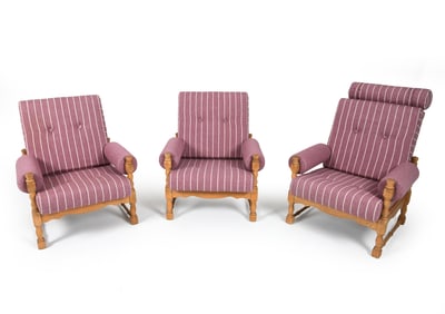 (3) DANISH OAK & WOOL LOUNGE CHAIRS C.1970S