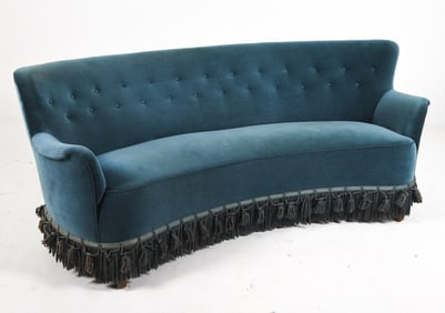 DANISH BEECH & VELOUR CURVED SOFA C. 1960S