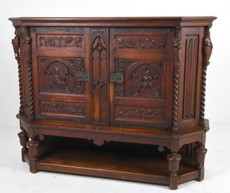 ANTIQUE FRENCH GOTHIC CARVED OAK CABINET 19TH C.