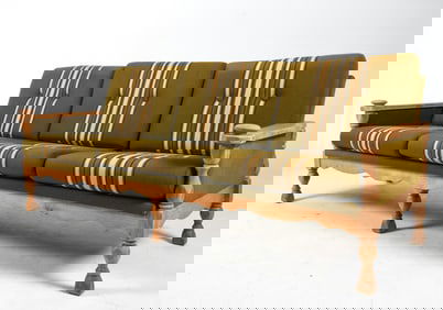 MANNER OF HENNING KJAERNULF OAK & WOOL SOFA 1970S