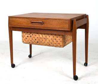 DANISH TEAK & RATTAN SEWING TABLE CHEST C. 1960S